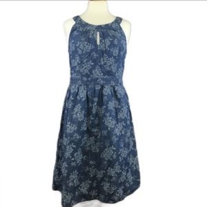 LOFT size14 Blue w/ Light Blue Flower Print Sleeveless Dress Front Peek-a-Boo